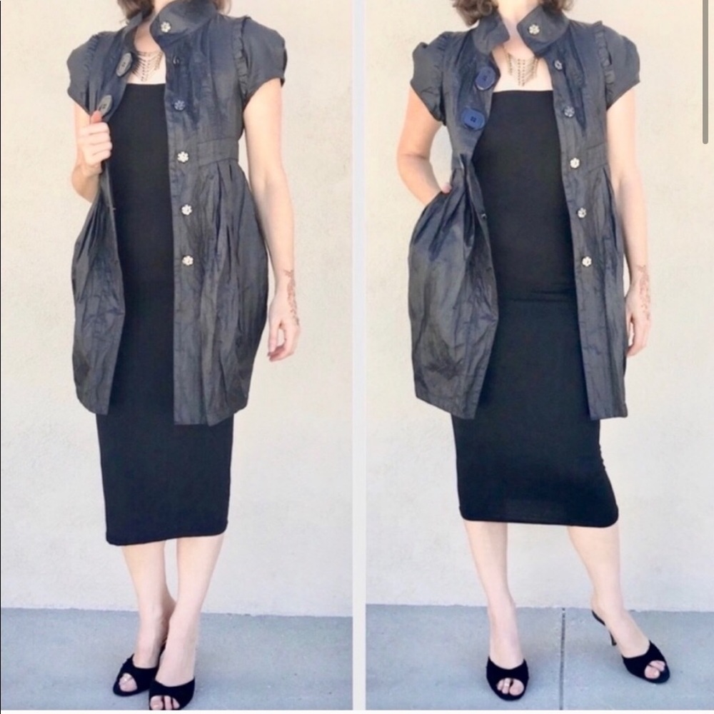 C. luce Black lab coat DRESS JACKET long metallic pockets overcoat avant-garde - Picture 2 of 7